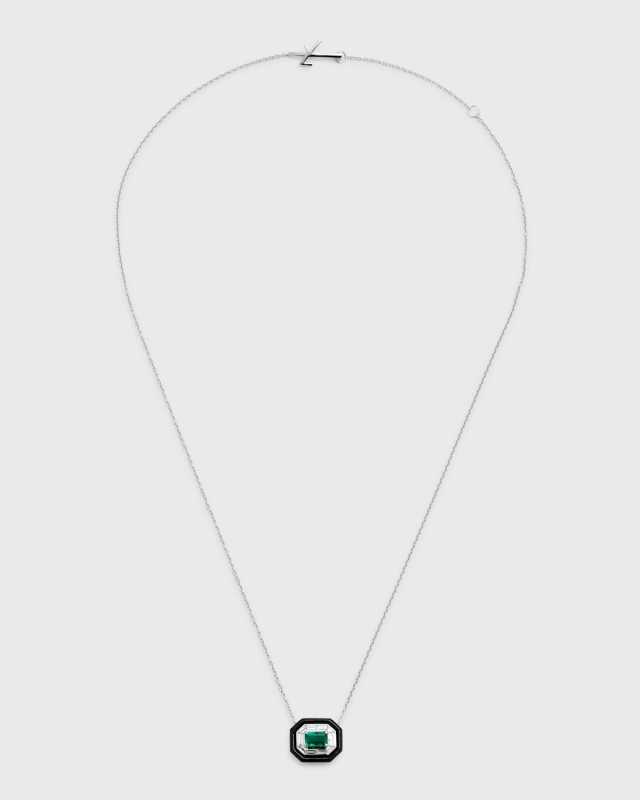 18K White Gold White Diamond Pendant Necklace with Black Enamel and Emerald